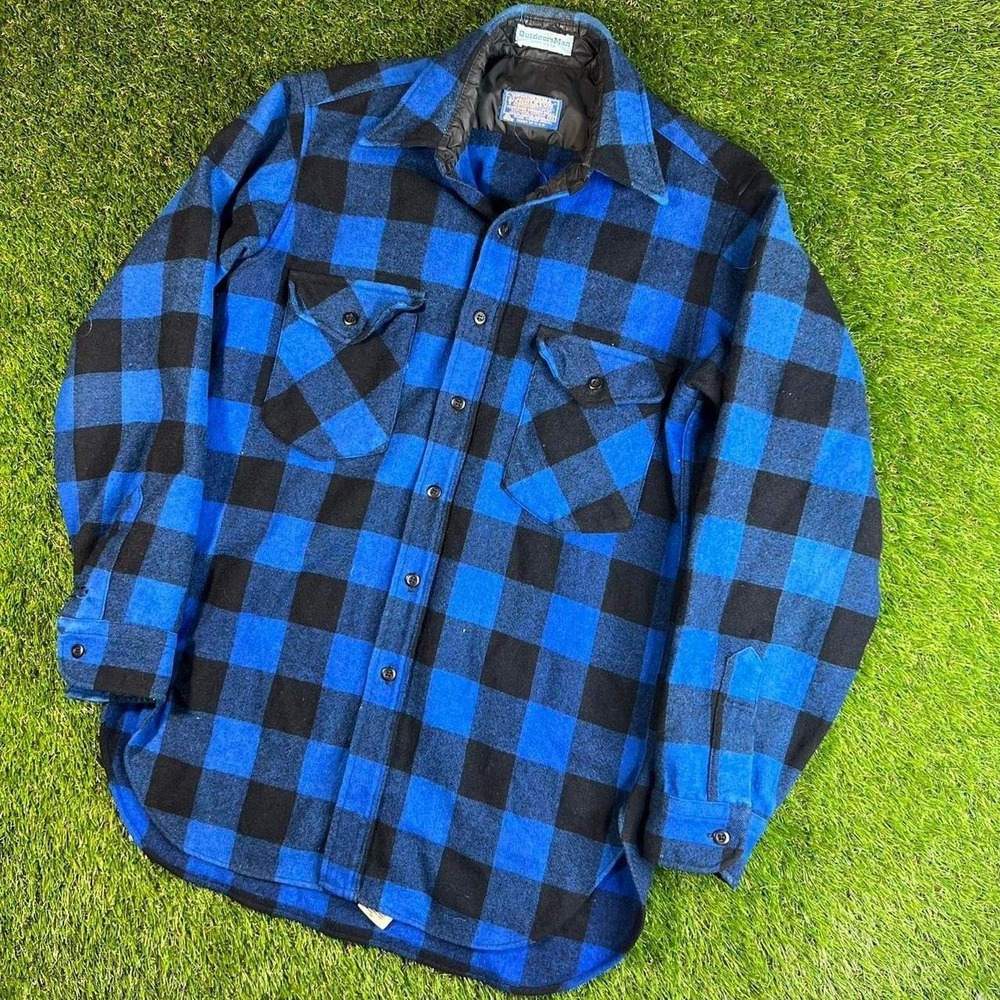 Vintage Pendleton Blue Shadow Plaid Outdoors Man Flannel Shirt Large Made In USA